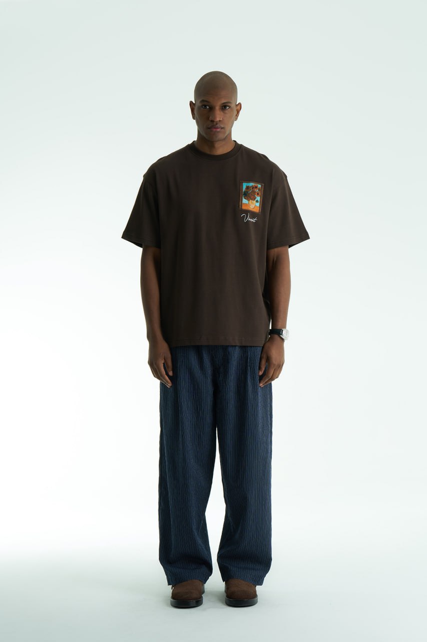 Vincent Sunflowers Nakış Oversize T-Shirt (Kahve) — arka