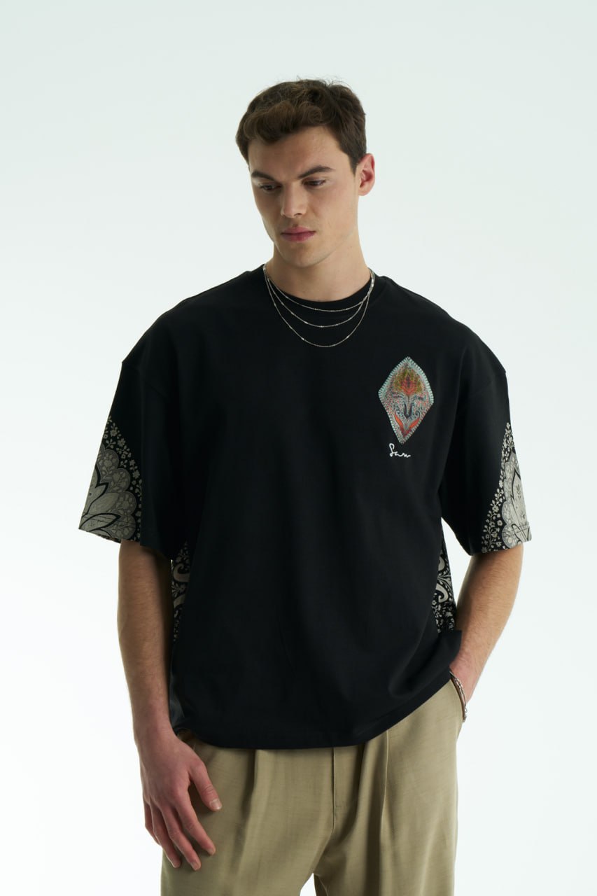 Saw Paisley Nakış Oversize T-Shirt (Siyah)