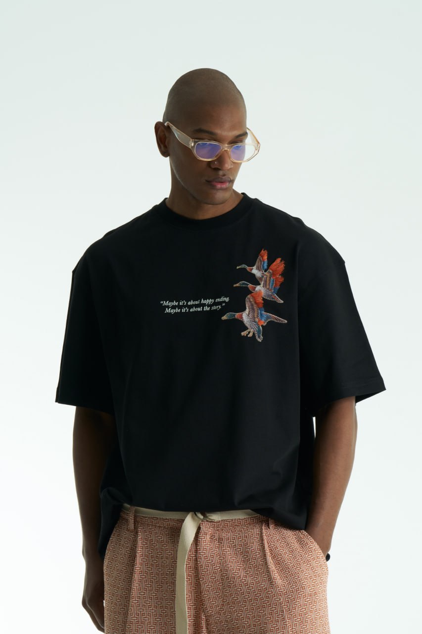 Happy Ending Nakış Oversize T-Shirt (Siyah)